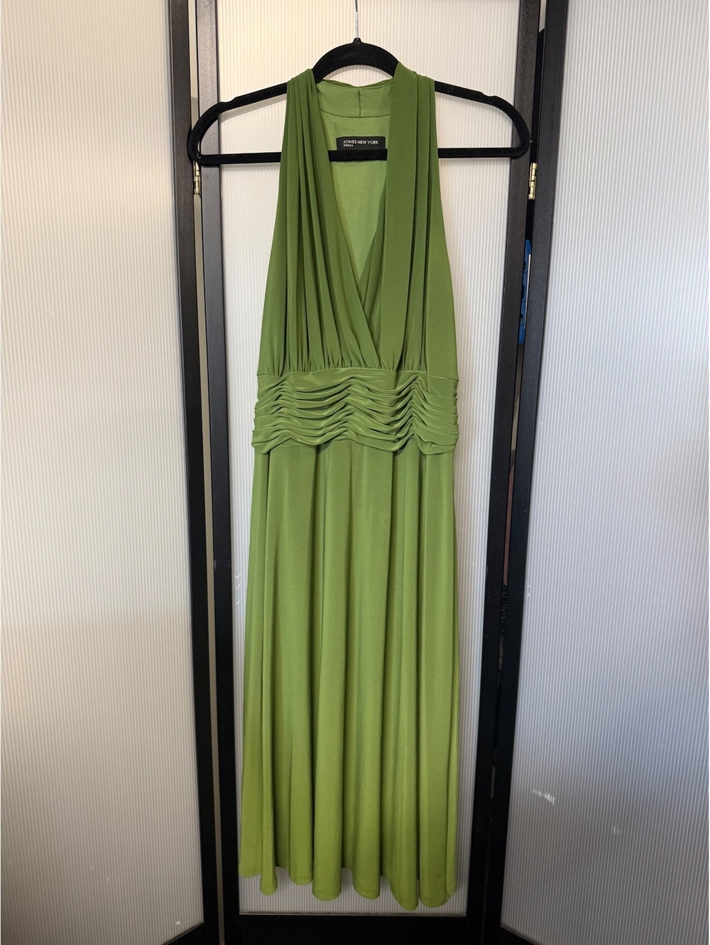 Jones New York Olive Green Halter Midi Dress – Ruched Waist, Size 14